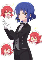 Rule 34 | + +, 2girls, :d, absurdres, ao (flowerclasse), black bow, black bowtie, black jacket, black pants, blue hair, blush stickers, bocchi the rock!, bow, bowtie, butler, cellphone, chibi, clenched hand, clenched hands, closed eyes, closed mouth, collared shirt, commentary request, dress shirt, formal, gloves, green eyes, grey vest, hair between eyes, hair ornament, hairclip, heart, highres, holding, holding phone, jacket, kita ikuyo, long sleeves, maid, mole, mole under eye, multiple girls, multiple views, one side up, open mouth, pant suit, pants, phone, red hair, shirt, short hair, simple background, smile, suit, v-shaped eyebrows, vest, white background, white gloves, white shirt, yamada ryo, yellow eyes