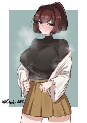 Rule 34 | 1girl, blush, border, breasts, brown eyes, brown hair, brown hakama, cowboy shot, green background, hakama, highres, ise (kancolle), japanese clothes, kantai collection, kirchoff, large breasts, one-hour drawing challenge, ponytail, short hair, simple background, skin tight, smile, solo, steaming body, twitter username, undershirt, white border