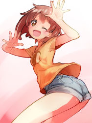 Rule 34 | 1girl, ;d, brown eyes, brown hair, casual, denim, denim shorts, highres, jewelpet (series), jewelpet happiness, looking back, nyama, one eye closed, open mouth, outstretched hand, shirt, short hair, short shorts, shorts, smile, solo, t-shirt, tsukikage chiari, wink