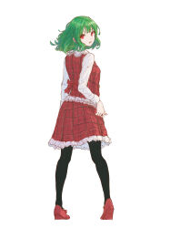 Rule 34 | 1girl, absurdres, adapted costume, back bow, black pantyhose, bow, breasts, buttoned cuffs, buttons, frills, from behind, full body, green hair, heel up, highres, kashiwada kiiho, kazami yuuka, legs apart, long sleeves, looking at viewer, looking back, medium hair, open mouth, pantyhose, plaid, plaid skirt, plaid vest, red bow, red eyes, red footwear, red skirt, red vest, shirt, shoes, simple background, skirt, small breasts, solo, standing, touhou, vest, white background, white shirt