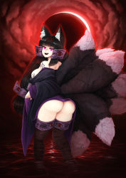 Rule 34 | 1girl, :d, amanomiya koyoi, animal ear fluff, animal ears, arm tattoo, ass, barbariank, black hair, body markings, breast tattoo, breasts, cloud, dark demon realm (monster girl encyclopedia), demon realm (monster girl encyclopedia), eclipse, facial mark, fangs, forehead mark, fox ears, fox tail, from behind, glowing markings, glyph, highres, inari (monster girl encyclopedia), inari koyoi, japanese clothes, kimono, long hair, looking back, lunar eclipse, markings, medium breasts, monster girl, monster girl encyclopedia, moon, multiple tails, night, no panties, off shoulder, open mouth, outdoors, pink eyes, pussy juice, red moon, red sky, shoulder tattoo, sideboob, sky, smile, solo, tail, tattoo, teeth, very long hair, wading, water