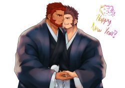 Rule 34 | 2boys, absurdres, alternate costume, bara, beard, black kimono, blue eyes, brown hair, chinese zodiac, couple, dark-skinned male, dark skin, facial hair, fate/grand order, fate (series), goatee, haori, happy new year, heads together, highres, holding hands, interracial, iskandar (fate), japanese clothes, kimono, loboke, long sideburns, male focus, mature male, multiple boys, muscular, muscular male, napoleon bonaparte (fate), new year, pectoral press, red eyes, red hair, short hair, sideburns, smile, upper body, white background, yaoi, year of the tiger