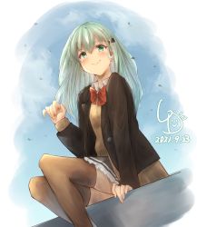 Rule 34 | 1girl, artist name, blush, bow, bowtie, brown cardigan, brown skirt, brown thighhighs, brown vest, cardigan, closed mouth, dated, green eyes, green hair, hair between eyes, hair ornament, hairclip, hand on floor, highres, kantai collection, ld (luna dial398), long hair, open cardigan, open clothes, pleated skirt, red bow, red bowtie, sitting, skirt, sky, smile, solo, suzuya (kancolle), thighhighs, vest