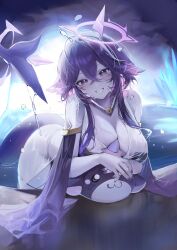 +_+ 1girl absurdres bikini bikini_under_clothes black_bikini breasts cleavage colored_skin crossed_bangs facial_mark fins fish_tail grey_skin hair_between_eyes halo halo_around_horn highres indie_virtual_youtuber jewelry large_breasts long_hair mayutsuba_mono megalodon_(vtuber) necklace purple_eyes purple_hair purple_nails see-through_clothes shark_girl shark_tail sharp_teeth solo swimsuit tail teeth virtual_youtuber wet wet_clothes