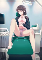 Rule 34 | 1girl, 40hara, breasts, brown hair, cardigan, clothes lift, commentary request, dress, dress lift, gesugao, glaring, gusset, hair ornament, hair over shoulder, hair scrunchie, highres, indoors, long hair, looking at viewer, low ponytail, medium breasts, nurse, original, panties, panties under pantyhose, pantyhose, purple eyes, purple panties, scrunchie, see-through, see-through legwear, shaded face, short dress, sitting, sleeves past wrists, solo, underwear