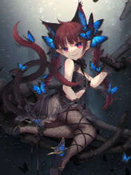 Rule 34 | 1girl, :3, ahoge, alternate costume, animal ears, ankle ribbon, bare shoulders, black dress, black footwear, black gloves, black pantyhose, black ribbon, black theme, blue butterfly, blue eyes, braid, brown hair, bug, butterfly, butterfly hair ornament, butterfly on head, cat ears, cat tail, closed mouth, commentary request, dress, extra ears, full body, gloves, hair ornament, hand up, high heels, highres, holding, insect, kaenbyou rin, lace, lace gloves, lace legwear, leg ribbon, light particles, looking at viewer, milestone celebration, multicolored eyes, multiple tails, neck ribbon, pantyhose, pointy ears, pumps, reclining, red eyes, red hair, ribbon, skeletal hand, slit pupils, smile, solo, tail, touhou, toutenkou, twin braids