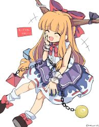 Rule 34 | +++, 1girl, black footwear, blush, bow, chain, closed eyes, fang, fingernails, green nails, hair bow, highres, horns, ibuki suika, long hair, nail polish, oni horns, open mouth, orange hair, purple skirt, ramudia (lamyun), red bow, shirt, shoes, simple background, skin fang, skirt, smile, socks, solo, torn clothes, torn sleeves, touhou, twitter username, white background, white shirt, white socks