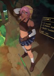 Rule 34 | !, 1girl, bare shoulders, black hair, blonde hair, blue eyes, boots, commentary, elf, english commentary, full body, gloves, hair between eyes, health bar, highres, midriff, miniskirt, multicolored hair, navel, original, pink hair, pointy ears, short hair, single thighhigh, skirt, solo, standing, sunna (nilsunna), sweatdrop, thigh strap, thighhighs, two-tone hair