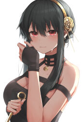 Rule 34 | 1girl, absurdres, animal ears, bare shoulders, black dress, black gloves, black hair, breasts, choppy bangs, cleavage, commentary request, crying, crying with eyes open, dagger, dress, earrings, fingerless gloves, gloves, hair between eyes, hairband, highres, holding with feet, jewelry, knife, large breasts, looking at viewer, pendant, pepushi drow, rabbit ears, short hair with long locks, sidelocks, simple background, sleeveless, sleeveless dress, solo, spy, spy x family, stiletto (weapon), tears, weapon, white background, wiping tears, yellow hairband, yor briar