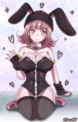 1girl absurdres animal_ears bare_shoulders black_leotard black_thighhighs blush breasts cleavage danganronpa_(series) danganronpa_2:_goodbye_despair detached_collar fake_animal_ears frown highres large_breasts leotard looking_at_viewer mole mole_on_breast nanami_chiaki neck_ribbon pink_ribbon playboy_bunny rabbit_ears ribbon seireiart solo strapless strapless_leotard thighhighs