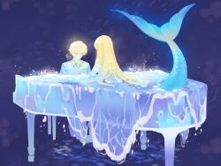 Rule 34 | 1boy, 1girl, blonde hair, commentary request, gyuhwa, highres, instrument, long hair, lying, mermaid, monster girl, on stomach, original, partially submerged, piano, short hair, sitting, water
