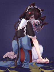 Rule 34 | 1girl, absurdres, animal ears, barefoot, blue background, blue bow, bow, brown eyes, brown hair, dog ears, dog girl, eyebrows hidden by hair, fox mask, frilled kimono, frills, happa de happy, highres, holding, holding mask, huge bow, inui toko, japanese clothes, kimono, long hair, looking at viewer, looking back, low twintails, maid, maid headdress, mask, nijisanji, phony (cevio), sitting, soles, solo, twintails, virtual youtuber, wa maid