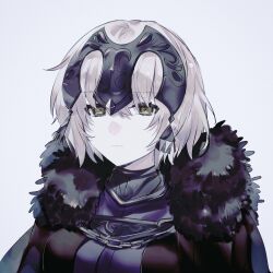 Rule 34 | 1girl, armor, black cape, cape, closed mouth, expressionless, fate/samurai remnant, fate (series), fur-trimmed cape, fur trim, headpiece, highres, jeanne d&#039;arc alter (fate), jeanne d&#039;arc alter (lancer) (fate), looking at viewer, muted color, short hair, simple background, solo, urushimaru0701, white background, white hair, yellow eyes