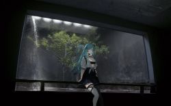 Rule 34 | 1girl, ahoge, arm support, black skirt, black tube top, blue hair, bra, breasts, choker, cleavage, copyright request, cross, feet out of frame, front-tie top, glass, grey thighhighs, hair ornament, haiyahaiyohai, highres, id card, indoors, jewelry, looking at viewer, miniskirt, on railing, pendant, pleated skirt, puffy short sleeves, puffy sleeves, railing, reflection, shirt, short sleeves, sitting, skirt, solo, strapless, strapless bra, thigh strap, thighhighs, tied shirt, tree, tube top, underwear, water, window