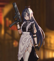 Rule 34 | 1girl, ahoge, apron, black dress, black gloves, blurry, blurry background, bow, bowtie, buttons, collar, commentary, dress, garter straps, gloves, grey bow, grey bowtie, grey eyes, grey hair, gun, hair over one eye, half gloves, handgun, highres, holding, holding weapon, lips, long hair, looking at viewer, lyf19970430, maid, maid apron, original, parted lips, short sleeves, sidelocks, solo, standing, suppressor, thighhighs, trigger discipline, weapon, white apron, white thighhighs