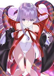 Rule 34 | 1girl, absurdres, bare shoulders, bb (fate), bb (fate) (all), bb (swimsuit mooncancer) (fate), bb (swimsuit mooncancer) (third ascension) (fate), black coat, breasts, coat, fate/grand order, fate (series), gloves, gluteal fold, highleg, highleg leotard, highres, horns, knees together feet apart, large breasts, legs together, leotard, long hair, looking at viewer, popped collar, purple eyes, purple hair, smile, solo, takubon, thigh gap, white gloves, white leotard
