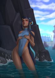 Rule 34 | 1girl, alternate costume, bare arms, black hair, blue eyeshadow, blue hair, blurry, blush, breasts, closed eyes, cloud, commentary, covered navel, creatures (company), dark-skinned female, dark skin, day, deilan12, earclip, earrings, english commentary, eyelashes, eyeshadow, game freak, grabbing own breast, hair bun, highres, hoop earrings, jewelry, long hair, makeup, multicolored hair, nessa (pokemon), nintendo, one-piece swimsuit, open mouth, outdoors, pokemon, pokemon swsh, shiny skin, single hair bun, sky, solo, standing, swimsuit, teeth, tongue, two-tone hair, upper teeth only, wading, water, watermark, web address