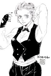 Rule 34 | 1girl, alternate hairstyle, arm behind head, arm up, bow, bowtie, collared shirt, cosplay, cropped vest, dorohedoro, ear piercing, earrings, fingerless gloves, gloves, greyscale, hair bun, highres, jewelry, king (snk), king (snk) (cosplay), looking to the side, monochrome, nail polish, noi (dorohedoro), pants, piercing, shirt, single hair bun, sketch, smile, so co db, solo, the king of fighters, vest