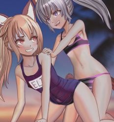 Rule 34 | 2girls, all fours, animal ears, aruman, bare shoulders, bikini, blonde hair, blue one-piece swimsuit, blue sky, blush, character name, clenched teeth, clothes writing, collarbone, covered erect nipples, covered navel, elin, english text, eye contact, female focus, flat chest, fox ears, fox tail, hand on another&#039;s shoulder, highres, kneeling, looking at another, looking back, multiple girls, navel, one-piece swimsuit, open mouth, outdoors, palm tree, pink bikini, ponytail, purple eyes, red eyes, silver hair, sky, smile, striped bikini, striped clothes, swimsuit, tail, teeth, tera online, tree
