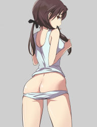 Rule 34 | 1girl, adjusting hair, aiueo, ass, brown hair, butt crack, from behind, gertrud barkhorn, hair ribbon, hairdressing, long hair, looking back, mouth hold, panties, panty pull, ribbon, simple background, solo, strike witches, tank top, underwear, world witches series
