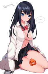 Rule 34 | 10s, 1girl, black hair, black skirt, blue eyes, bow, breasts, brown footwear, cardigan, cisyo, cleavage, closed mouth, commentary request, copyright name, gridman universe, heart, highres, long hair, long sleeves, looking at viewer, medium breasts, miniskirt, navel, orange scrunchie, pleated skirt, red bow, red socks, scrunchie, shadow, sitting, skirt, sleeves past fingers, sleeves past wrists, socks, solo, ssss.gridman, takarada rikka, translation request, twitter username, white background, white cardigan, yokozuwari
