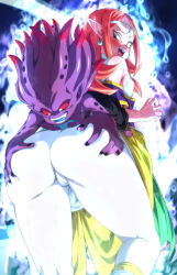 Rule 34 | 1boy, 1girl, ass, blue eyes, breasts, chronoa, colored skin, covered erect nipples, dragon ball, dragon ball heroes, earrings, jewelry, long hair, looking at viewer, open mouth, pink skin, pointy ears, potara earrings, red eyes, rom (20), sitting, small breasts, smile, thighhighs
