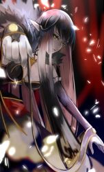 Rule 34 | absurdly long hair, black dress, black hair, breasts, bridal gauntlets, chi4co0820, cleavage, commentary request, detached sleeves, dress, fate/apocrypha, fate/grand order, fate (series), fur trim, highres, large breasts, long dress, long hair, looking at viewer, pointy ears, semiramis (fate), solo, very long hair, yellow eyes