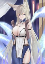Rule 34 | 1girl, absurdres, animal ear fluff, animal ears, bare shoulders, black gloves, breasts, cleavage, closed mouth, covered navel, cowboy shot, elbow gloves, fox ears, fox girl, gloves, grey hair, hands up, highres, large breasts, long hair, looking at viewer, original, smile, solo, tnr (horiko1525)