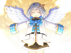 Rule 34 | 1girl, amane kanata, angel wings, aura, black dress, blue bow, blue bowtie, blue hair, bob cut, bow, bowtie, closed eyes, colored inner hair, commentary, cowboy shot, cropped jacket, dress, flat chest, floating, frilled dress, frills, halo, hololive, jacket, long sleeves, looking at viewer, mikan (chipstar182), multicolored hair, outstretched arms, parted lips, short dress, short hair, silver hair, single hair intake, solo, star halo, streaked hair, turtleneck, turtleneck dress, two-tone hair, virtual youtuber, white jacket, wide sleeves, wings