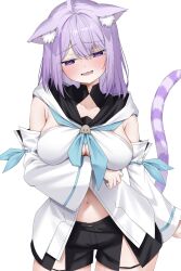 Rule 34 | 1girl, absurdres, ahoge, ai (u e o o), animal ear fluff, animal ears, black shorts, blush, breasts, cat ears, cat girl, cat tail, cleavage, cosplay, detached sleeves, fang, heart, heart-shaped pupils, highres, hololive, hood, hoodie, large breasts, looking at viewer, medium hair, navel, nekomata okayu, open mouth, purple eyes, purple hair, shirakami fubuki, shirakami fubuki (1st costume), shirakami fubuki (cosplay), shorts, skin fang, solo, symbol-shaped pupils, tail, thigh strap, virtual youtuber, white background, white hoodie, white sleeves