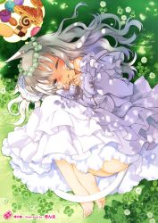 Rule 34 | 1girl, absurdres, animal ears, barefoot, brown eyes, cat ears, cat tail, clover, clover (flower), cookie, dress, flower, food, ginta, grey hair, head wreath, highres, imagining, long hair, lying, on side, original, solo, sweets, tail, thought bubble, wavy hair