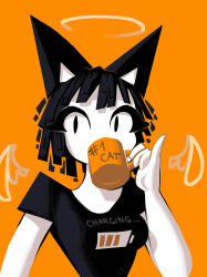 Rule 34 | 1girl, andaerz, animal ears, black shirt, breasts, cat ears, colored skin, covered mouth, cup, detached wings, halo, hand up, highres, holding, holding cup, looking at viewer, medium breasts, monochrome, mug, orange background, orange theme, original, pinky out, shirt, short hair, short sleeves, solo, upper body, white skin, wings