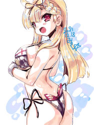Rule 34 | 1girl, adapted costume, bikini, black bikini, black gloves, black ribbon, blonde hair, breasts, commentary request, cowboy shot, dated, from behind, gloves, hair flaps, hair ornament, hair ribbon, hairclip, kantai collection, large breasts, long hair, looking at viewer, looking back, miuku (marine sapphire), red eyes, ribbon, side-tie bikini bottom, solo, standing, swimsuit, yuudachi (kancolle), yuudachi kai ni (kancolle)