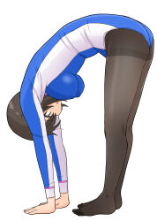 Rule 34 | 1girl, all fours, athletic leotard, bent over, black hair, black pantyhose, brown eyes, flexible, full body, girls und panzer, leotard, nishizumi maho, pantyhose, short hair, simple background, solo, thighband pantyhose, two-tone leotard, uona telepin, white background