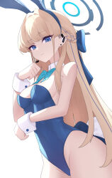 Rule 34 | 1girl, absurdres, animal ears, blonde hair, blue archive, blue eyes, breasts, collar, detached collar, fake animal ears, gihachii, halo, highres, leotard, long hair, looking at viewer, medium breasts, playboy bunny, ponytail, rabbit ears, simple background, solo, thighs, toki (blue archive), toki (bunny) (blue archive), white background, white collar, white wrist cuffs, wrist cuffs