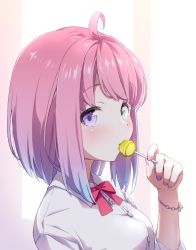 Rule 34 | 1girl, ahoge, blue hair, blush, bow, bowtie, candy, collared shirt, food, food in mouth, from side, gradient hair, green eyes, hand up, heterochromia, highres, himemori luna, holding, holding candy, holding food, holding lollipop, hololive, lollipop, medium hair, meru corone, multicolored hair, multicolored nails, nail polish, pink hair, purple eyes, red bow, red bowtie, shirt, sideways glance, solo, streaked hair, virtual youtuber, white shirt