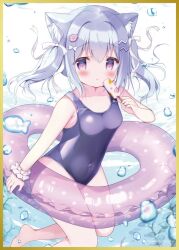 Rule 34 | 1girl, animal ear fluff, animal ears, azumi kazuki, bare shoulders, blue hair, blush, bow, breasts, cat ears, collarbone, covered navel, fish hair ornament, food, frilled innertube, hair bow, hair ornament, hairclip, holding, holding food, ice cream, innertube, looking at viewer, melonbooks, one-piece swimsuit, original, parted lips, polka dot innertube, purple eyes, purple one-piece swimsuit, small breasts, solo, swim ring, swimsuit, transparent, twintails, white bow, wrist cuffs