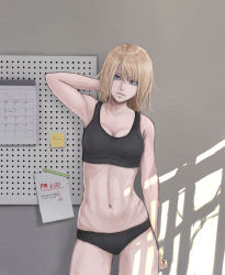 Rule 34 | 1girl, arm at side, bad id, bad pixiv id, black panties, blonde hair, blue eyes, breasts, calendar (object), cleavage, closed mouth, collarbone, cowboy shot, crop top, hand in own hair, hand on own head, indoors, messy hair, midriff, navel, note, original, panties, paper, shade, short hair, sleeveless, solo, soysoy68, sports bra, standing, stomach, tank top, time, toned, underwear