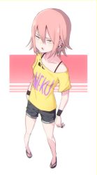 Rule 34 | :o, earrings, highres, jewelry, looking at viewer, neku397, open mouth, original, pink hair, ring, self-upload, shirt, short hair, shorts, slippers, tomboy, torn clothes, torn shirt, yellow eyes, yellow shirt