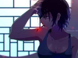 Rule 34 | 1girl, bare shoulders, black eyes, black hair, breasts, chainsaw man, cigarette, cleavage, eyepatch, hair between eyes, hand on own head, himeno (chainsaw man), looking to the side, medium breasts, rituxan hal, shirt, short hair, smoke, smoking, solo, tank top, twitter username, white shirt