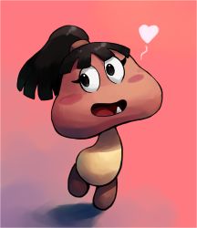 Rule 34 | 1girl, black hair, blush stickers, fang, female focus, full body, goomba, heart, mario (series), nintendo, no humans, open mouth, outta sync, ponytail, smile, super mario odyssey