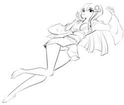Rule 34 | 10s, 1girl, bare legs, barefoot, breasts, cleavage, hair between eyes, hair ornament, japanese clothes, kimono, long hair, long sleeves, looking at viewer, lying, medium breasts, monochrome, panties, persona, persona 5, rafchu, simple background, solo, tougou hifumi, underwear, wide sleeves