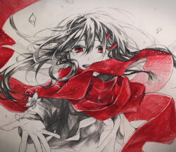 Rule 34 | 1girl, commentary, false smile, floating hair, floating scarf, flower, hair between eyes, hair ornament, hair over one eye, hairclip, highres, kagerou project, long hair, long scarf, long sleeves, mekakucity actors, messy hair, neckerchief, open mouth, reaching, reaching towards viewer, red eyes, scarf, school uniform, serafuku, smile, solo, spot color, tateyama ayano, tears, teeth, traditional media, upper body, upper teeth only, white neckerchief, wind, xf alice