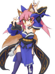 Rule 34 | 1girl, animal ear fluff, animal ears, bare shoulders, blue bow, blue kimono, blue thighhighs, blush, bow, breasts, cleavage, detached sleeves, double fox shadow puppet, fate/extra, fate/grand order, fate (series), fox ears, fox girl, fox shadow puppet, fox tail, highres, hiseki (tknkkm), japanese clothes, kimono, large breasts, looking at viewer, open mouth, pink hair, simple background, solo, split ponytail, tail, tamamo (fate), tamamo no mae (fate/extra), thighhighs, white background, yellow eyes
