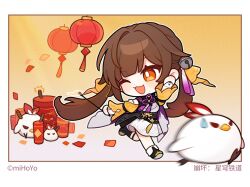Rule 34 | 1girl, :d, bird, brown hair, chibi, chinese clothes, chinese new year, eyebrows hidden by hair, fireworks, honkai: star rail, honkai (series), looking away, official art, one eye closed, open mouth, orange eyes, running, simple background, smile, sushang (honkai: star rail)