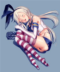 Rule 34 | 10s, 1girl, black panties, blonde hair, blue background, closed eyes, drooling, elbow gloves, gloves, hairband, highres, kantai collection, long hair, lying, microskirt, nanjyolno, navel, no shoes, panties, pantyshot, personification, saliva, shimakaze (kancolle), simple background, skirt, sleeping, solo, striped clothes, striped thighhighs, thighhighs, underwear, upskirt