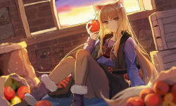 Rule 34 | 1girl, absurdres, animal ears, apple, black skirt, blurry, blurry foreground, boots, brown eyes, brown hair, brown pantyhose, changpan hutao, closed mouth, dutch angle, food, fruit, fur-trimmed skirt, fur boots, fur trim, highres, holding, holding food, holding fruit, holo, huge filesize, indoors, long hair, long sleeves, looking at viewer, miniskirt, pantyhose, pouch, purple shirt, red apple, shirt, sitting, skirt, smile, solo, spice and wolf, tail, very long hair, wolf ears, wolf girl, wolf tail