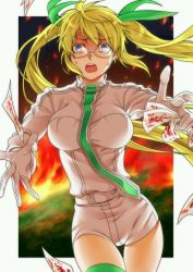 Rule 34 | 10s, 1girl, absurdres, belt, blonde hair, blue eyes, drifters, glasses, gloves, green thighhighs, hair ornament, hair ribbon, highres, long hair, long sleeves, looking at viewer, mikura (miraclemicro), olmine, open mouth, outstretched arms, ribbon, solo, thigh gap, thighhighs, twintails, white gloves, wide-eyed, zettai ryouiki