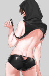 Rule 34 | 1boy, arm at side, ass, ass cutout, back tattoo, black shorts, brown hair, clothing cutout, covered mouth, cowboy shot, from behind, granblue fantasy, grey background, hand up, holding, hood, hood up, latex, looking at viewer, looking back, male focus, no pants, profile, red eyes, sandalphon (granblue fantasy), shorts, simple background, skin tight, solo, tattoo, tekki (tki), topless male, tramp stamp, underwear, underwear only, wing tattoo