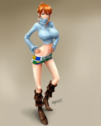 Rule 34 | 1girl, boots, breasts, brown eyes, cowboy boots, crop top, dated, hands on own hips, huge breasts, miniskirt, nami (one piece), navel, one piece, one piece film: z, orange hair, ribbed sweater, short hair, signature, simple background, skirt, smile, solo, sweater, taut clothes, turtleneck, unbalance, updo